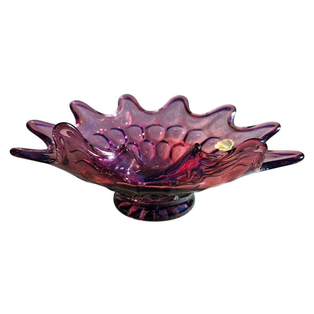 Handcrafted Amethyst Art Glass Bowl Scalloped Folded Edge Thumbprint Bowl
